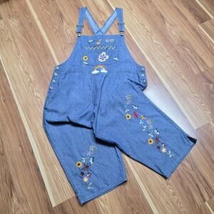 Agapo Denim Overalls Womens XL Blue Embroidered Flowers Butterfly Rainbow Boho